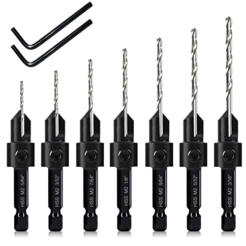 7 Pack Countersink Drill Bits Set, Wood Drill Countersink Counterbore 3In1, Three 82-Degree Chamfer Cutters, M2 Counterbore Cutting Depth Adjustable, With 2 Allen Wrenches And 1/4” Hex Shank #TOP16