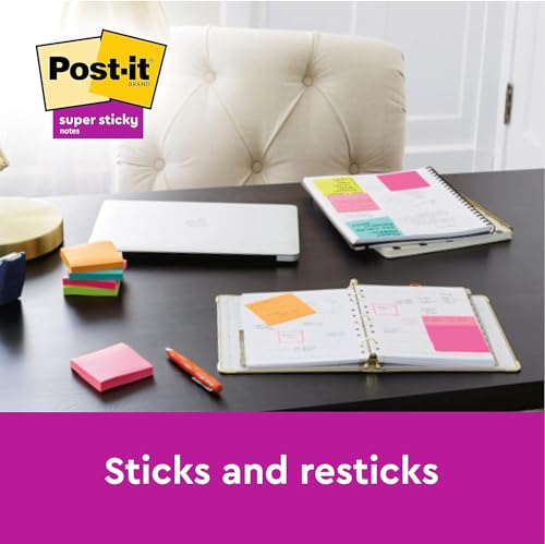Image of Post-it Super Sticky Notes Soulful Collection - 6 Pads, 90 Sheets per Pad, 76 mm x 76 mm, Pink, Purple, Green, Grey, Blue - Extra Strong Sticky Notes for Notes, To Do Lists and Reminders