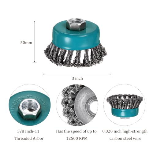 Image of Twisted Knotted Wire Cup Brush for Angle Grinder - [3 Inch] for Paint Stripping Cleaning Rust Duty Abrasive, 5 /8 Inch-11 Threaded Arbor, .020 Carbon Steel Wire, Cyan