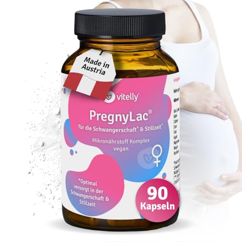 vitelly® PregnyLac I Schwangerschaft-Vitamine I 19 hochdosierte Mikronährstoffe I alle Trimester & Stillzeit I 3 Monate (90 Kapseln)