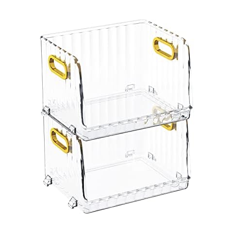 ANMINY 2PCS Clear Cosmetic Storage Bins with Open Front Golden Handles Stackable Desktop Makeup Vanity PET Plastic Organizer Food Storage Basket Box Container Vertical Stripe Pattern - Small Size Cover