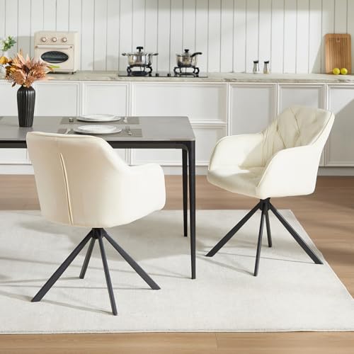 Orirsnug 360° Swivel Dining Chair Set of 2,Upholstered Kitchen Chair with Armrests and Backrest,Velvet Armchair with Metal Legs,Suitable for Dining Room, Living Room, and Bedroom, Beige