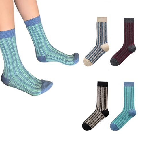 Women's Vintage Striped Crew Socks 4 Pairs Cute Fashion Patterns Mid Calf Socks