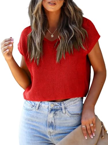 Image of LCXWFE Womens Summer Cropped Sweater Vest Trendy Cap Sleeve Crop Tops Crew Neck Loose Knit Tank Top