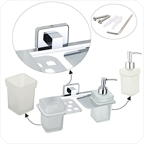 Image of Stainless Steel Toothbrush Holder with Glass Tumbler & Liquid Soap Dispenser Set - Wall Mounted 2-in-1 Bathroom Organizer, Chrome Finish (Square /Frosted Glass)