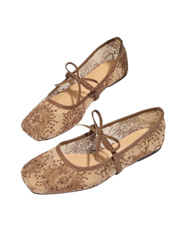 BEAUDRM Women's Polka Dots Mesh Ballet Flats Cute Lace Ballerina Flats