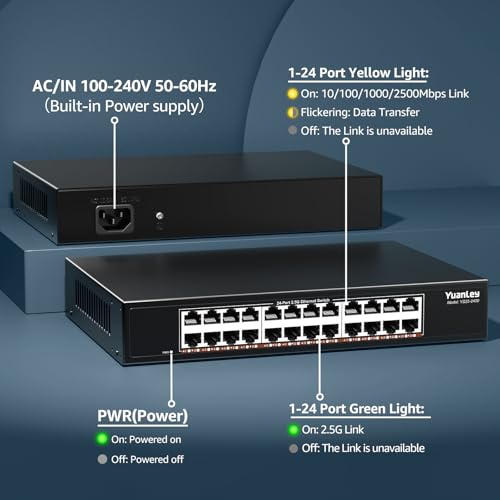 Image of YuanLey 24-Port 2.5G Ethernet Switch, Unmanaged 2.5Gbps Network Switch with 24x2.5G RJ45 Ports, 120Gbps Switching Capacity, Fanless Metal Design, Desktop /Rackmount 2.5G Switch for NAS, PC & WiFi 6 AP