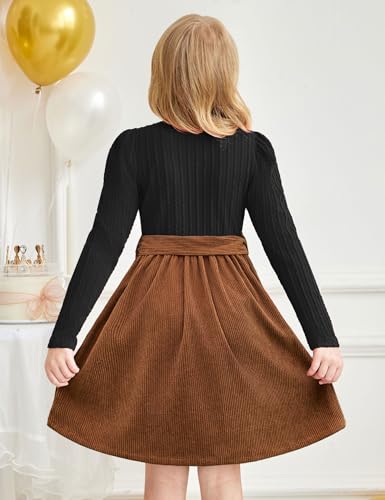 Arshiner Girls Dresses Puff Long Sleeve Rib Knit Plaid Patchwork Belted Holiday Dress with Pockets3