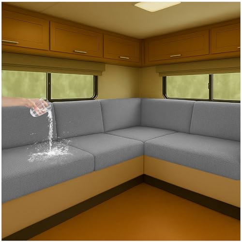 NNSMUN Stretch Bezüge für Wohnwagenpolster wasserdichte rutschfeste Sitzbezüge mit Kordelzug, Elastische Sofa Sitzkissenbezüge für Wohnmobil, Caravan, Innenbereich (Hellgrau,L 65-95cm,W 40-65cm)
