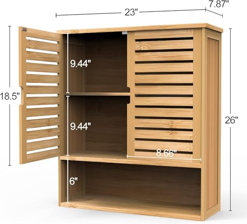 FoverOne Bathroom Wall Cabinet, Bamboo Medicine Cabinet Wall Mounted, Over The Toilet Hanging Cabinet with 2 Doors & 3 Tier Shelves