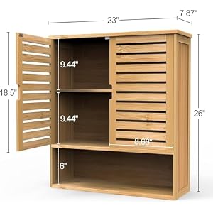 Bathroom Wall Cabinet, Bamboo Medicine Cabinet Wall Mounted, Over The Toilet Hanging Cabinet with 2 Doors & 3 Tier Shelves Bathroom Wall Cabinet Bamboo Medicine Cabinet Wall Mounted Over The Toilet Hanging Cabinet with 2 Doors 3 Tier Shelves