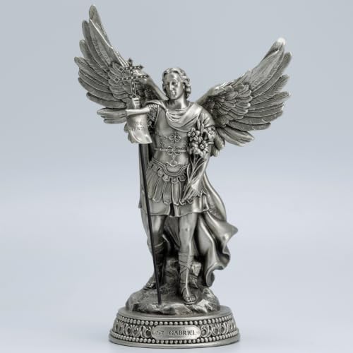 DevotedWalls St Gabriel Archangel Statue Silver 12 Inch - Patron Saint of Communication Workers. Hand Painted in Silver Tone. Modern Home Chapel Office Decor. Gift for Baptism Wedding.