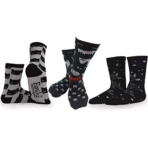 Emily the Strange Women's Cute Fun Edgy Black Cat Skull Crew Socks - 3 Pair
