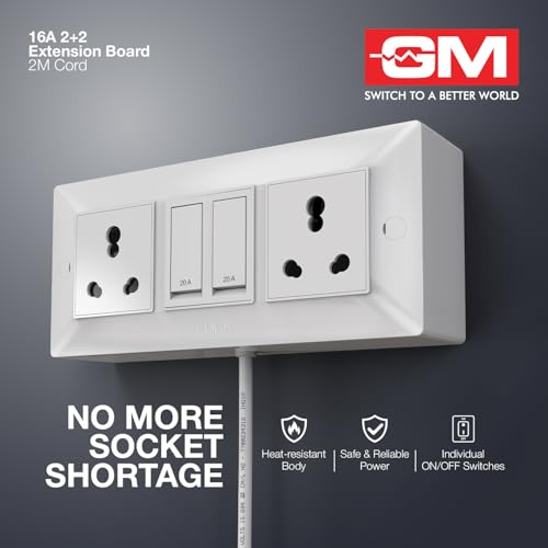 Image of GM Cuba 16A 2+2 Extension Board with 2Mtr Extension Cord, Heavy-Duty Power Strip with Dual 20A Switches, 16A 3-Pin Plug,for High-Power Appliances, Home, Kitchen & Office Use, White