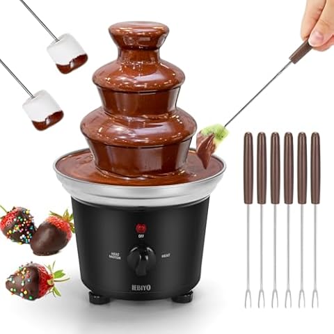 IEBIYO Chocolate Fondue Fountain with 6 Dipping Forks 3 Tiers Electric Chocolate Melting Machine Perfect for Chocolate Cheese Dessert Housewarming Christmas Party Gift (Black) Cover
