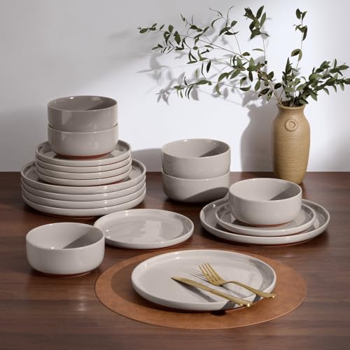 E-far 12-Piece Ceramic Dinnerware Sets, Plates and Bowls Sets for 4, Stoneware Dishware Dishes Set with Terracotta Base, Chip & Scratch Resistant, Microwave & Dishwasher Safe, Speckled Khaki by E-far - Used condition - Image 9