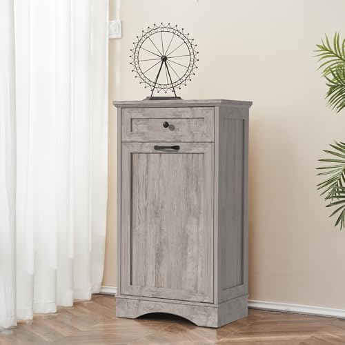 AHB 13 Gallons Tilt Out Trash Cabinet Free Standing Kitchen Recycling Cabinet with Hideaway Drawer Pet Proof Trash Can Holder for Kitchen Living Room, Grey - Thumbnail 6