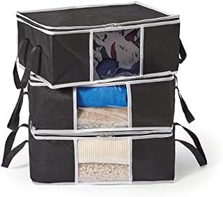 Clothes Storage Bag Foldable | Under Bed Storage Clothes Organiser | Black Storage Box With Zip Handles & Window | Large 90L for Duvets Blankets (90 Litre)