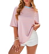 PRETTYGARDEN Womens Oversized Cute Tops Casual Striped Short Sleeve Shirt Women Trendy 2026 Sprin...