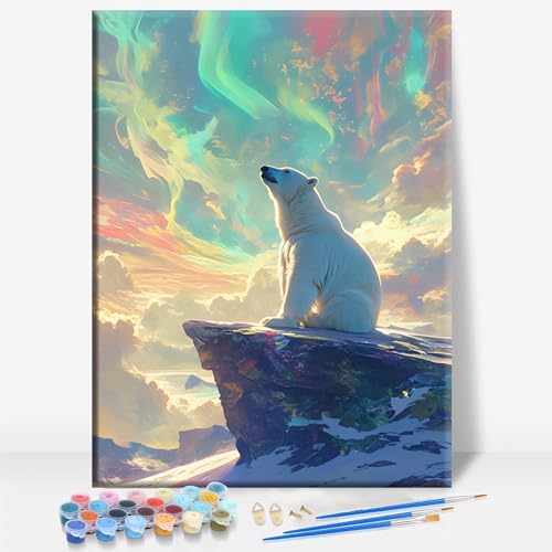 Aeontinity Polar Bear Watching Northern Lights Animal Framed Canvas DIY Paint by Numbers Kit Bar Cafe Cave Home Room Wall Bathroom Porch Patio Decor Gift, 16 x 12 Inch