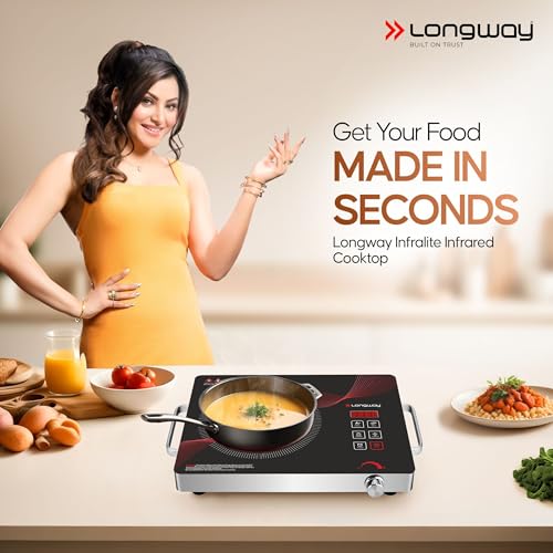 Image of Longway Infralite Pro 2200W Infrared Induction Cooktop with Steel Grill Rack, Crystal Glass Top, Touch Panel & Digital Display, 4 Preset Modes - Stir Fry, BBQ, Hot Pot & Steam, Red