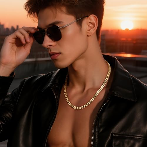Eterjew 14k Gold Plated Chain Necklace for Men, Men's Gold Plated Necklace Clasp with 7mm Stainless Steel Miami Cuban Chain Chain, Chains for Men Necklaces 22 inches — view 2