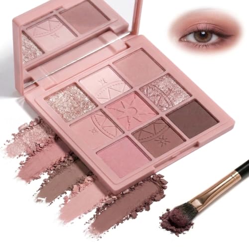 Nine-Color Warm Rosy Brown Taupe Eyeshadow Palette with Matte Shimmer Glitter Finishes - Complete Day to Night Makeup Collection with Mirror and Dual-Ended Applicator Brush for Enthusiasts