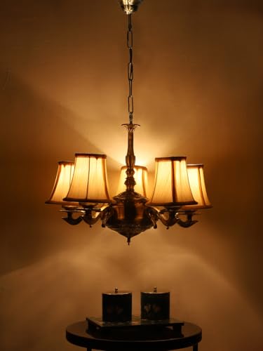 Image of Devansh 05 Lights Off-White Round Cotton Shade with Antique Golden Chandelier -H