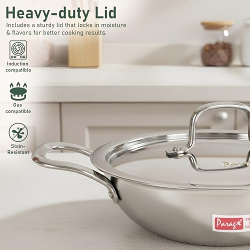Image of Parage Tripure Tri-Ply Stainless Steel Kadai with Lid 22 cm, 1.5 LTR | ISI Mark Certified | Heavy Bottom SAS Triply Kadhai for Deep Frying & Cooking | Induction & Gas Stove Compatible, 5Years Warranty