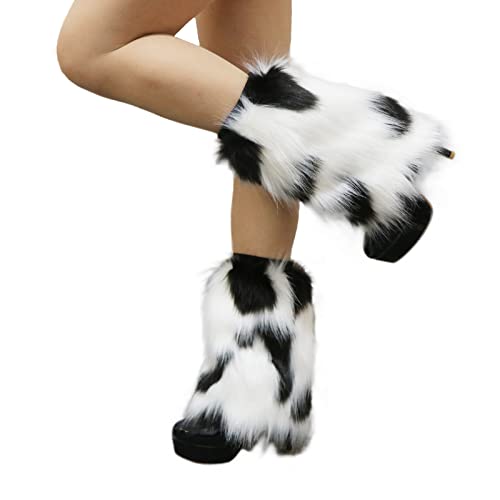Popuid Tie Dye Women Furry Leg Warmers Faux Fur Boot Covers Fluffies Cuffs, 9.8" Tall (Cow Print) #TOP7
