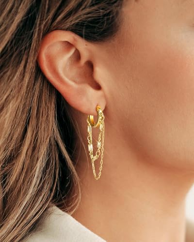 Tassel Chain Small Gold Hoop Dangle Earring For Women Huggie Earring Heart Star CZ 14K Gold Plated Fashion Jewelry Friendship Gift3