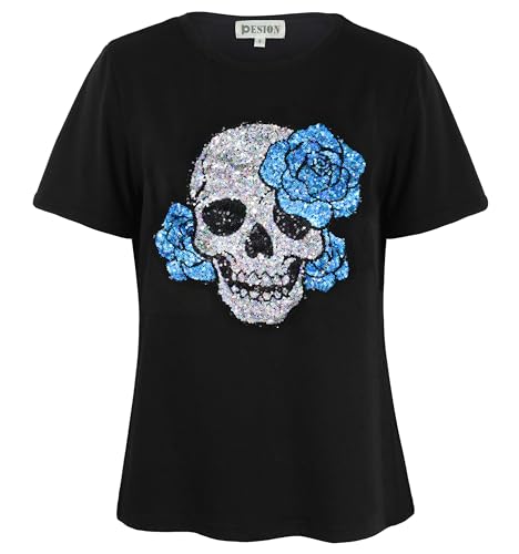Image of PESION Womens Short Sleeve T-Shirt Sequined Tops O-Neck Funny Graphic Tees Blouse