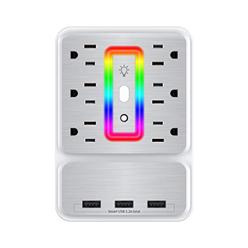 USB Wall Outlet Adapter 1700 Joules Surge Protector with 6-Outlet Extender,3 Fast USB Charging Ports(3.2A Total) & Smart Night Light,Multi-Function Power Strip for Home Kitchen Bathroom