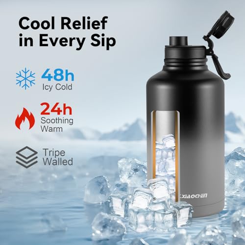 KXIAOCHEN Insulated Water Bottle, Stainless Steel Water Bottle, 2 Lids (Straw and Handle Lid),Wide Mouth Metal Water Bottles Keep Hot and Cold, Double Walled, Thermo Mug, Metal Canteen
