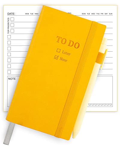Simpway Pocket To Do List Notebook With Pen Sets, 3.6" X 6.4" Small To Do List Notepad Leather Cover Undated To-Do Checklist Notebook For Home Office Supplies Daily Planner Work Study, Yellow #TOP3