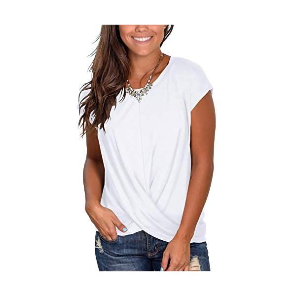 Jescakoo-Womens-Short-Sleeve-Round-Neck-T-Shirt-Front-Twist-Tunic-Tops-Casual-Loose-Fitted Juniors Cute Summer Tops with Twist Solid Trendy Tunic Tops Blouse White M