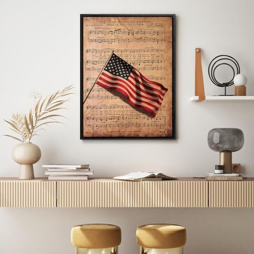 Image of American Flag Framed Canvas Wall Art, 4th of July USA National Anthem Canvas Prints, Sheet Music Patriotic Decorations, Vintage Independence Day Wall Decor for Bedroom Living Room Office 16x20