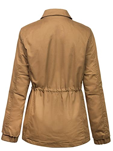 KOGMO Womens Fully Lined Zip Up Anorak Jacket Detachable Faux Fur Trim-S-CAMEL