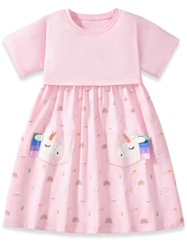 Hongshilian Little Girls Cotton Casual Dress Cartoon Appliques Jersey Summer Dresses Short Sleeved Clothing