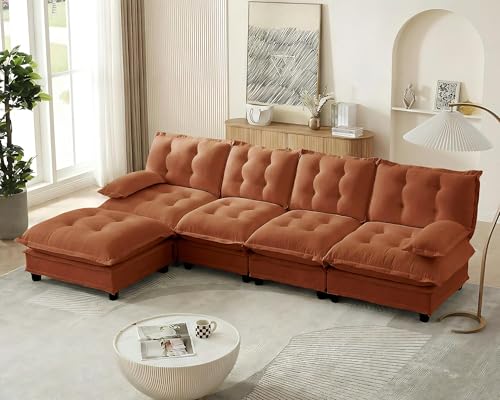 Image of 139 inch Sectional Sleeper Sofa with Ottoman, L Shaped Modular Deep Seat Couches for Living Room Apartment, Flexible Module Combination Cloud Sofa with Spring Support, Easy Assembly, Orange