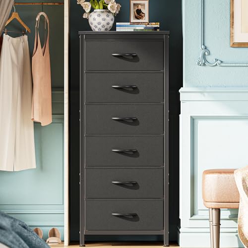 Huuger 43.3 Inch Tall Dresser for Bedroom, 6 Drawer Night Stand & Chests of Drawers, Fabric Dresser for Closet, Bedroom, Nightstand, End Table with Metal Frame, Storage Tower with Fabric Bins, Black