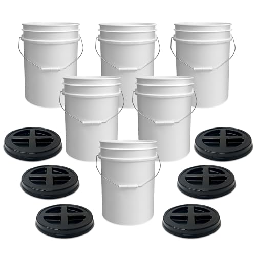 Image of ePackageSupply 5 Gallon Bucket - Food Grade w /Lid BPA-Free, White /Black, 6 | Airtight Gamma Seal Screw-On Lid, Heavy-Duty 90 Mil HDPE Plastic, Food Safe and Durable Container, Bulk Storage, Made in USA