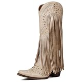 Celbreez Knee High Cowboy Boots Women with Fringe Cowboy Boots for Women Wide Calf Embroidery Rivet Beige Cowgirl Boot Pointed Toe Chunky Heel Pull On Western Boot Party Outfits