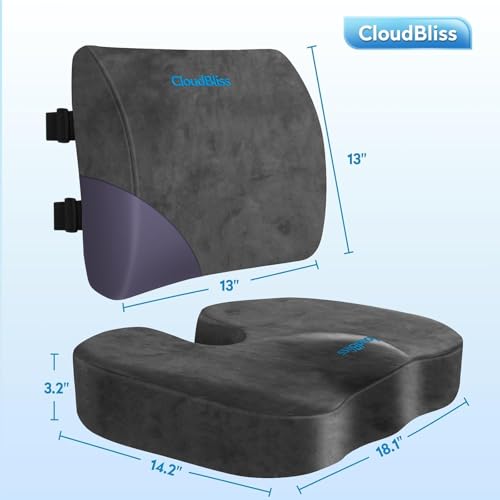 CloudBliss Seat Cushion,Office Chair Cushion,Car Seat Cushion,Lumbar Support Pillow for Office Chair,Back Support Memory Foam Pillow Coccyx Cushion for Tailbone Pain,Sciatica & Back Pain Relief -Grey