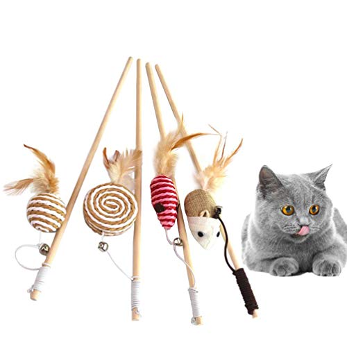 4 peças pegador de gato varinha de madeira com sinos, haste elástica engraçada gato rato pena peixe