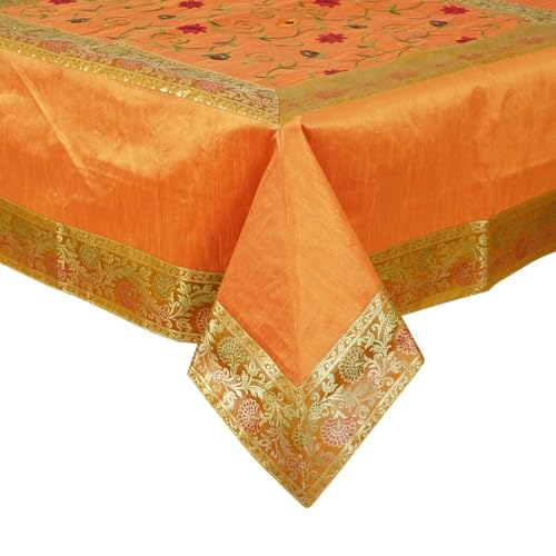 Image of New Year Room Decor Embroidery Brocade Silk Table Cover for Centre & Dinning Table and 4 & 6 Seater Dining Table /Tablecloth, (50 By 50 Inches) (Gold)