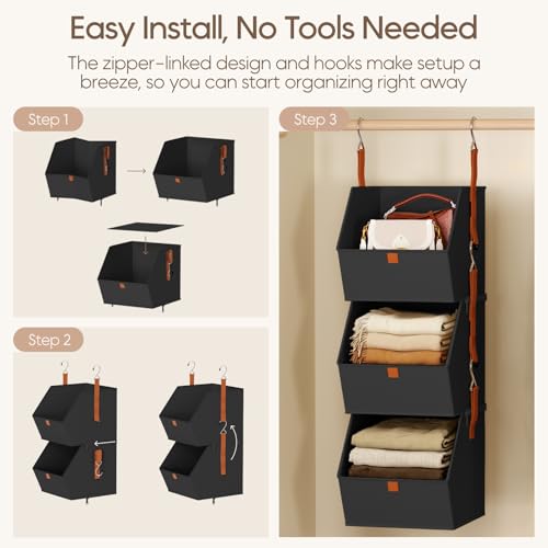 Image of Homsorout Collapsible Hanging Closet Organizer - 6 Tier Closet Shelves Storage System with Hooks, Fabric Hanging Storage Bins for Clothes, Foldable Storage Basket for Laundry, Bedroom, Rv, Black
