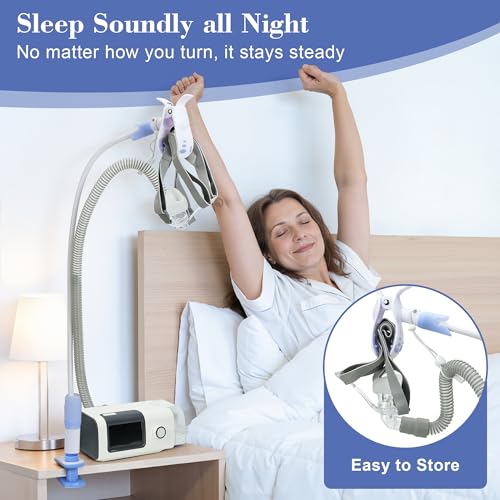 Image of CPAP Hose Holder for Bed, No-Drill C-Clamp CPAP Stand Bedside, Tangle-Free CPAP Hose Hanger & Hose Lift, Reinforced CPAP Tube Holder Holds Hose and Mask（White Plus）