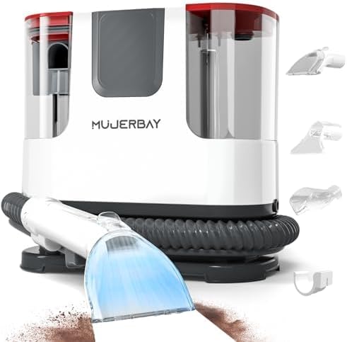 Upholstery Carpet Cleaner, MUJERBAY 12Kpa Portable Spot and Stain Cleaner, Easy Move with Universal Wheels & Handle, 1.18-inch Deep Cleaning Machine for Couch, Stairs, Car and Pet Messes. Red