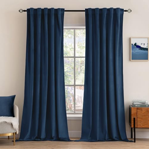 Image of MIULEE Navy Blue Velvet Curtains 52x84 inches Luxury Blackout Curtains | Thermal Insulated, Super Soft Window Drapes for Bedroom Living Room, Rod Pocket & Back Tab